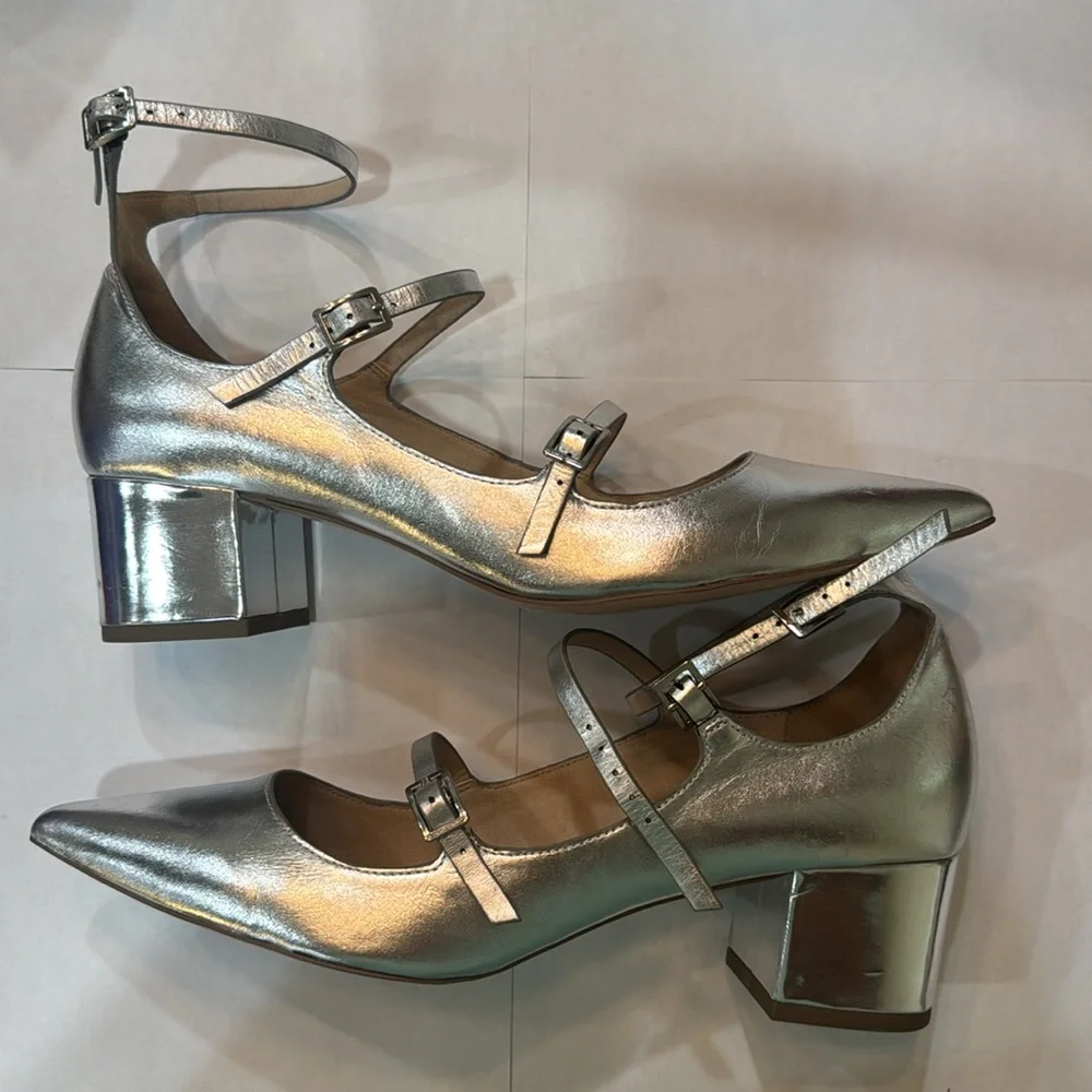 TOPSHOP Silver Pointy‎ Toe Block Heel Shoes Size 9.5/39